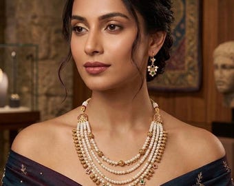 Antique GoldPlated MultiStrand Pearl Necklace Set|Indian Wedding Jewelry with Earring|Traditional Ruby Green Layered MotiMala Gift for Women