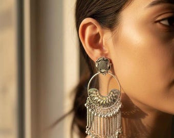 Oxidized Silver Chandelier Earrings - Iridescent Dangles, Boho Celestial Style, Bollywood Fashion Long Danglers