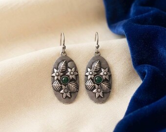 Oxidized Silver Floral Dangle Earrings, Green Stone Vintage Tribal Oval Drops, Antique Indian Boho Earrings, Geometric Gypsy Jewelry Gift