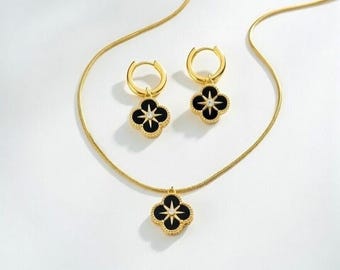 Clover Starburst Jewelry Set,18K Gold Waterproof Necklace and Earrings, Black Enamel Four Leaf Clover Jewelry, Good Luck Gift,Minimalist Set