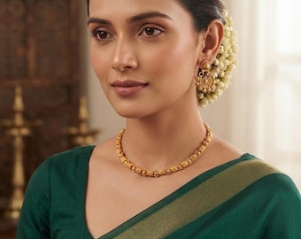 Gold Plated Antique Necklace Set with Chandbali Earrings, Indian Short Choker Necklace, Temple Bridal Jewelry Set, Festive Gift for Her