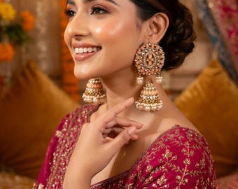 Large Mirror Jhumka Earrings in Peach & Ruby Green - Gold Plated Indian Bridal Jewelry - Statement Jhumki - Traditional Wedding Earrings