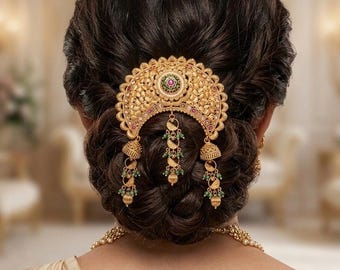 Antique Matte Gold Hair Brooch, Chandbali Juda Pin,Crescent Jhumka Hair Chain,Traditional Indian Wedding Jewelry, Bollywood Passa,SaarEthnic