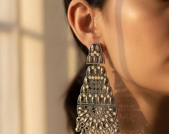Silver Temple Statement Earrings Oxidized | Boho Chandelier Earrings Iridescent Glass Dangle | Indian Wedding Guest Jewelry Antique Silver