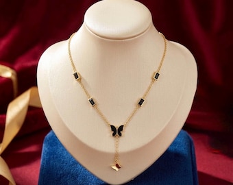 18K Gold Plated Butterfly Y Necklace • Black Zircon Tassel Drop Jewelry