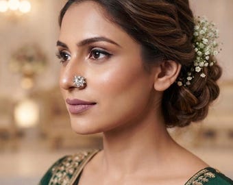 Rhodium Plated Nose Stud, Antique Silver Floral Nose Ring, Crystal Indian Nathni, Traditional Bollywood Statement Nose Pin, Gift for Her