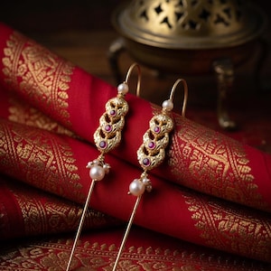 Puede incluir: Un par de pendientes dorados con un diseño decorativo con pequeñas piedras rojas y perlas. Los pendientes se exhiben sobre una tela roja con un patrón dorado, con un recipiente decorativo de latón en el fondo.