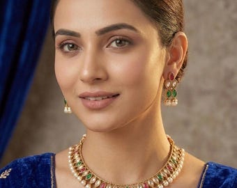 Antique Reverse AD Choker Set Pearl Drop Mehndi Gold Necklace Earrings Indian Wedding Jewelry
