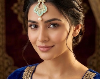 Kundan Pearl Maang Tikka for Wedding Guest-MintGreen Meenakari Hair Jewelry GoldPlated Handcrafted Bollywood Glam -Indian Headpiece forehead