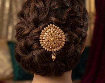 Antique Gold Hair Brooch, Plain Gold Juda Pin, South Indian Temple Jewelry Rakodi, Traditional Wedding Braid Ornament, Bollywood Hair Piece