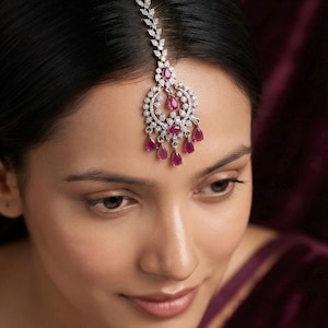 Cubic Zirconia Maang Tikka,Rhodium Plated Forehead Jewelry,Emerald Green Ruby Red American Diamond Headpiece,Bridal Indian Hair Jewelry Gift