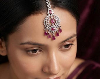 Cubic Zirconia Maang Tikka,Rhodium Plated Forehead Jewelry,Emerald Green Ruby Red American Diamond Headpiece,Bridal Indian Hair Jewelry Gift