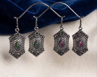 Oxidized Silver Basket Weave Earrings, Ruby Red Green Gemstone Shield Drops, Antique Indian Geometric Dangles, Boho Tribal Jewelry Gift