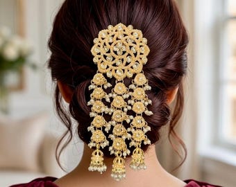 Indo Western Hair Brooch, Pearl Jhumka Choti Pin, Gold Plated Kundan Juda Pin, Traditional Indian Wedding Hair Jewelry, Bridal Braid Passa