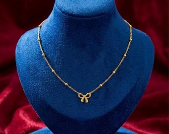 Gold Bow Necklace • 18K PVD Beaded Chain • Dainty Coquette Jewelry • Tarnish Resistant