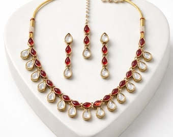 Rani Red Necklace Set Bridal Jewelry Mehndi Plated Indian Wedding Necklace Indo Western Choker Gold Ethnic Set with Earrings Maangtika