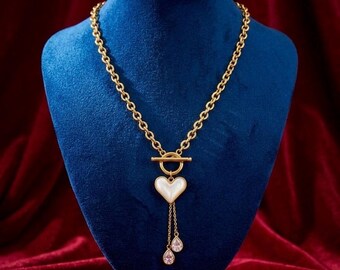Mother of Pearl Heart Toggle Necklace • 18K Gold Plated Chain with CZ