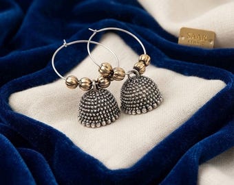 Oxidized Silver Delicate Jhumka Earrings, Dainty Floral Teardrop Bell Dangles, Lightweight Indian Boho Earring, Tiny Gypsy Jewelry Gift