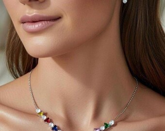 Rainbow Glass Stone Necklace Set, SilverPlated Indian Jewelry, Multicolor Bridal Choker,Desi Wedding Jewelry, Evening MultiStone Set, Gift