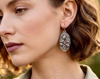 Oxidized Silver Floral Dangle Earrings, Ruby Red Stone Vintage Tribal Oval Drops, Antique Indian Boho Earrings, Geometric Gypsy Jewelry Gift