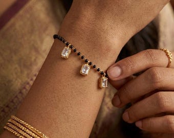 Cubic Zirconia Mangalsutra Bracelet for Everyday Wear - Dainty Gold Plated Brass American Diamond Minimalist Bracelet