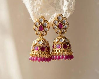 Kundan Jhumka Earrings for Wedding & Festive Wear – Handmade Antique Gold Green Meenakari Ethnic Jewelry - Medium statement Jhumkas