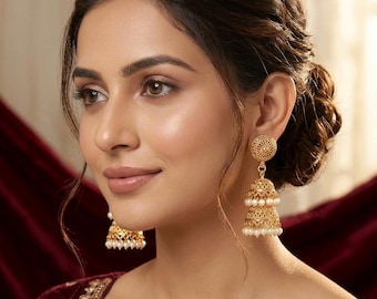 Gold Plated Pearl Jhumka Earrings | Indian Wedding Jewelry | Antique Bridal Jhumki | Traditional Bollywood Earrings for Women