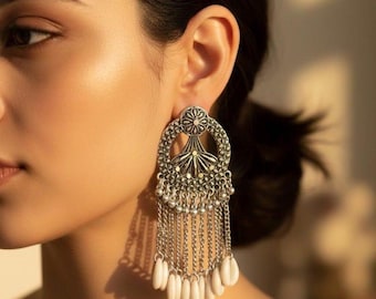 Long Oxidized Silver Statement Earrings | Tribal Chandelier Dangle Earrings | Indian Boho Jewelry Iridescent Glass Wedding Earrings