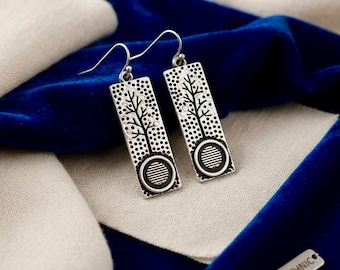 Oxidized Silver Tree of Life Earring,Lightweight Rectangular Botanical Bar DangleDrop,Antique Indian Boho Jewelry, Textured Gypsy GiftForHer