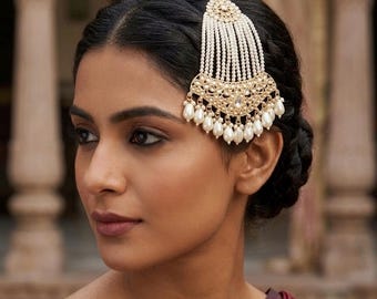 Gold Plated Pearl Passa, Traditional Jhumar Side Headpiece, Indo Western Bridal Jhoomar, Pakistani Wedding Hair Piece, Royal Mughal Jewelry