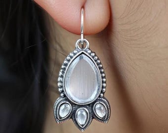 Oxidized Silver Pear Stone Earrings • Botanical Dangle Hoops