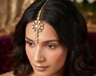 Mint Pink Meenakari Kundan Maang Tikka for Sangeet-Antique Gold Finish MintPink Stone Floral Headpiece Bollywood Ethnic Costume Hair Jewelry