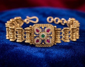 Antique Matte Gold Bracelet, Ruby South Indian Temple Jewelry, Traditional Kemp Stone Bangle, Vintage Kada Cuff, Bollywood Wedding Gift