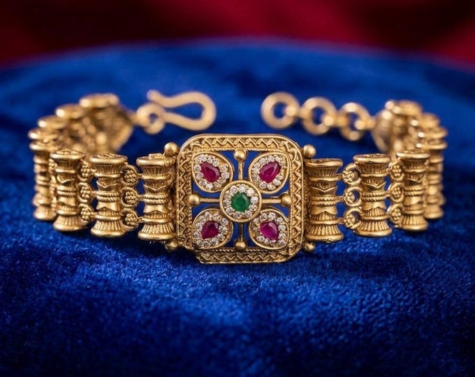 Featured listing image: Antique Matte Gold Bracelet, Ruby South Indian Temple Jewelry, Traditional Kemp Stone Bangle, Vintage Kada Cuff, Bollywood Wedding Gift