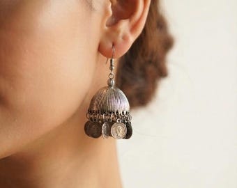 Oxidized Silver Jhumka Earrings Coin| Tribal Boho Dangle Earrings German Silver Jhumki |Indian Festival Statement Jewelry|Afgan coin earring