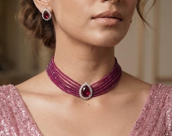 CZ Crystal Mala Choker Necklace Set, Rhodium Plated American Diamond Choker with Stud Earrings, Indian Bridal Party Set, Gift for Her