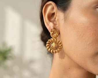 Antique Temple Gold Peacock Earring,Mayil Kammal, South indian Mandala Statement Tops, Traditional Indian Drop Studs, Royal Bollywood Jewel