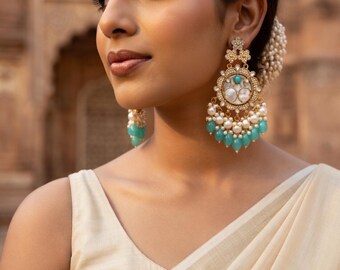 Kundan Dangle Earrings: Sky Blue Mother of Pearl,  Imitation ethnic