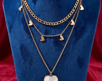 Goudkleurige gelaagde ketting met hartparel • 18K verguld roestvrij staal • Minimalistische alledaagse sieraden