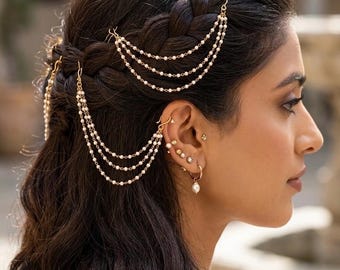 Pearl EarChain Sahara,Antique Gold Moti Ka Sahara Matal,Traditional Indian Bridal Earring Support,Bollywood Hair Chain Jewelry,Champaswaralu