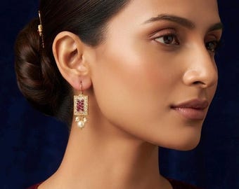 Mini Kundan Earrings | Gold Plated Jhumka Style, Cubic Zirconia, Faux Pearls