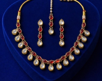 Rani Red Necklace Set Bridal Jewelry Mehndi Plated Indian Wedding Necklace Indo Western Choker Gold Ethnic Set with Earrings Maangtika