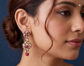 Kundan Jhumki Earrings, Antique Kundan Earring,Indian Bridal Wedding Jewelry,Mehndi Earrings, Gold Pearl Drop,Red Green White Ethnic Earring