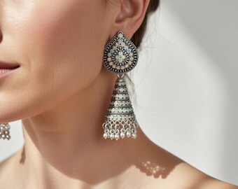 Oxidized Silver Jhumka for Everyday Ethnic Wear -  Bell Dangle Handcrafted Alloy Boho Earrings