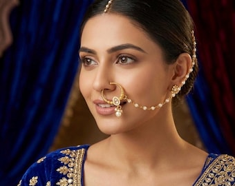 Moti Nath with Chain ,Clip On Nose Ring ,Antique Gold Pearl Bridal Nathni ,Wedding Jewelry,Non Pierced Nose, Indian Bridal,Traditional Nath,