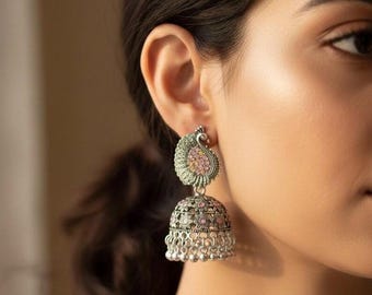 Oxidized Silver Peacock Jhumka Earrings – Iridescent Dangle Jewelry