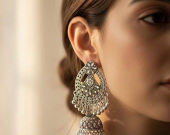 Silver Oxidized Chandbali Jhumka Earrings | Statement Indian Jhumkas | Bollywood Jewelry | Ethnic Dangler Gift