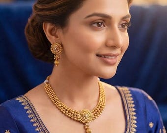 Antique Gold Plated Necklace Set with Earrings,Indian Layered Bead Choker, Temple Bridal Jewelry Set,Handmade Ethnic Gift for Her,SaarEthnic