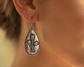 Oxidized Silver Tulip Dangle Earrings, Minimalist Teardrop Floral Botanical Drops, Antique Indian Boho Earrings, Textured Gypsy Jewelry Gift