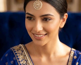 Antique Moti Maang Tikka Gold Mehndi Plated | Indian Bridal Headpiece Floral Kundan Tikka | Traditional Wedding Hair Jewelry Gift for Women